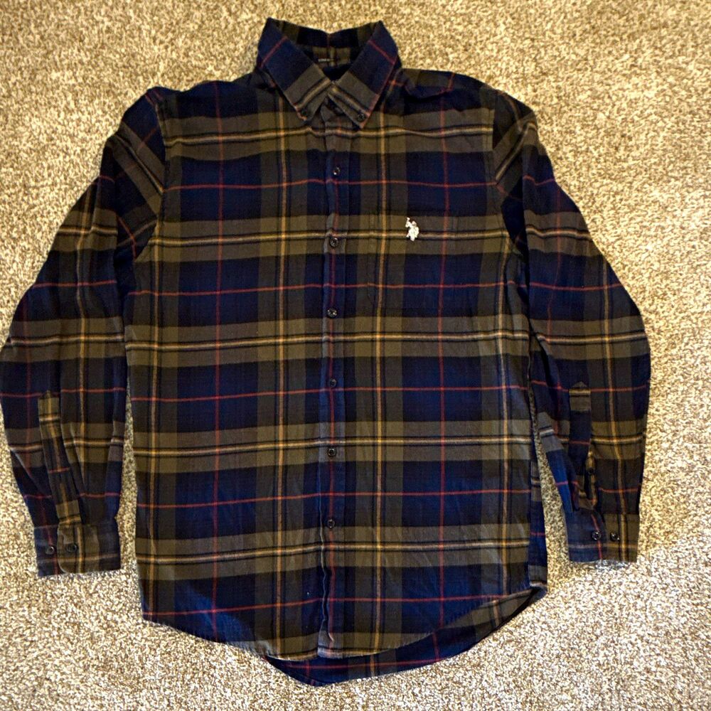 U.S. Polo Assn. Men’s M Blue Gray Red Plaid Long Sleeve Woven Stretch Shirt